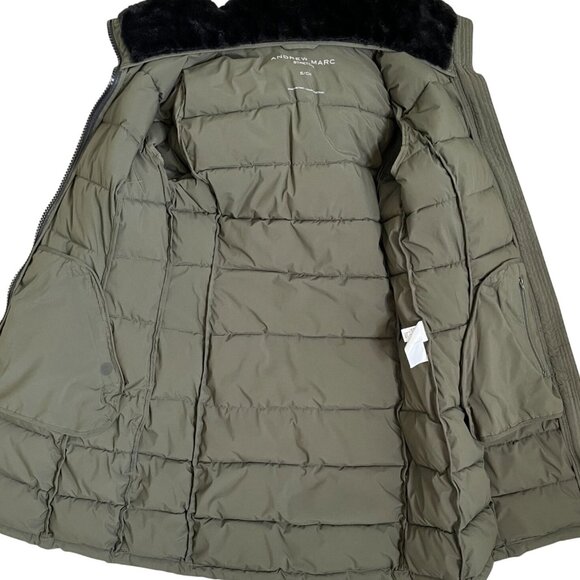 Andrew Marc Olive Green Stretch Puffer Jacket Faux Fur Hood Small - Picture 9 of 12